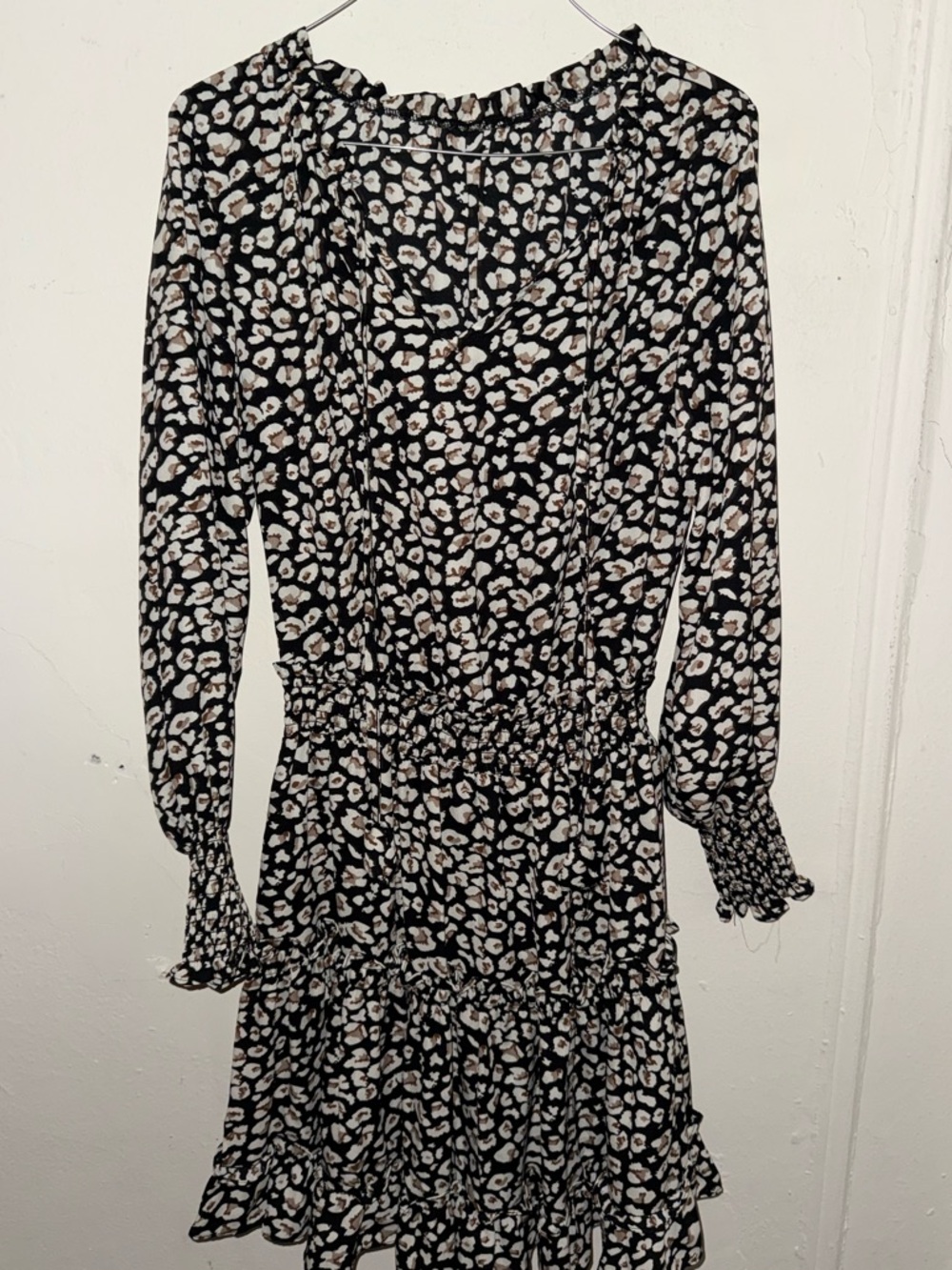 Amazon Black Floral Print Long-Sleeve Smocked-Waist Dress